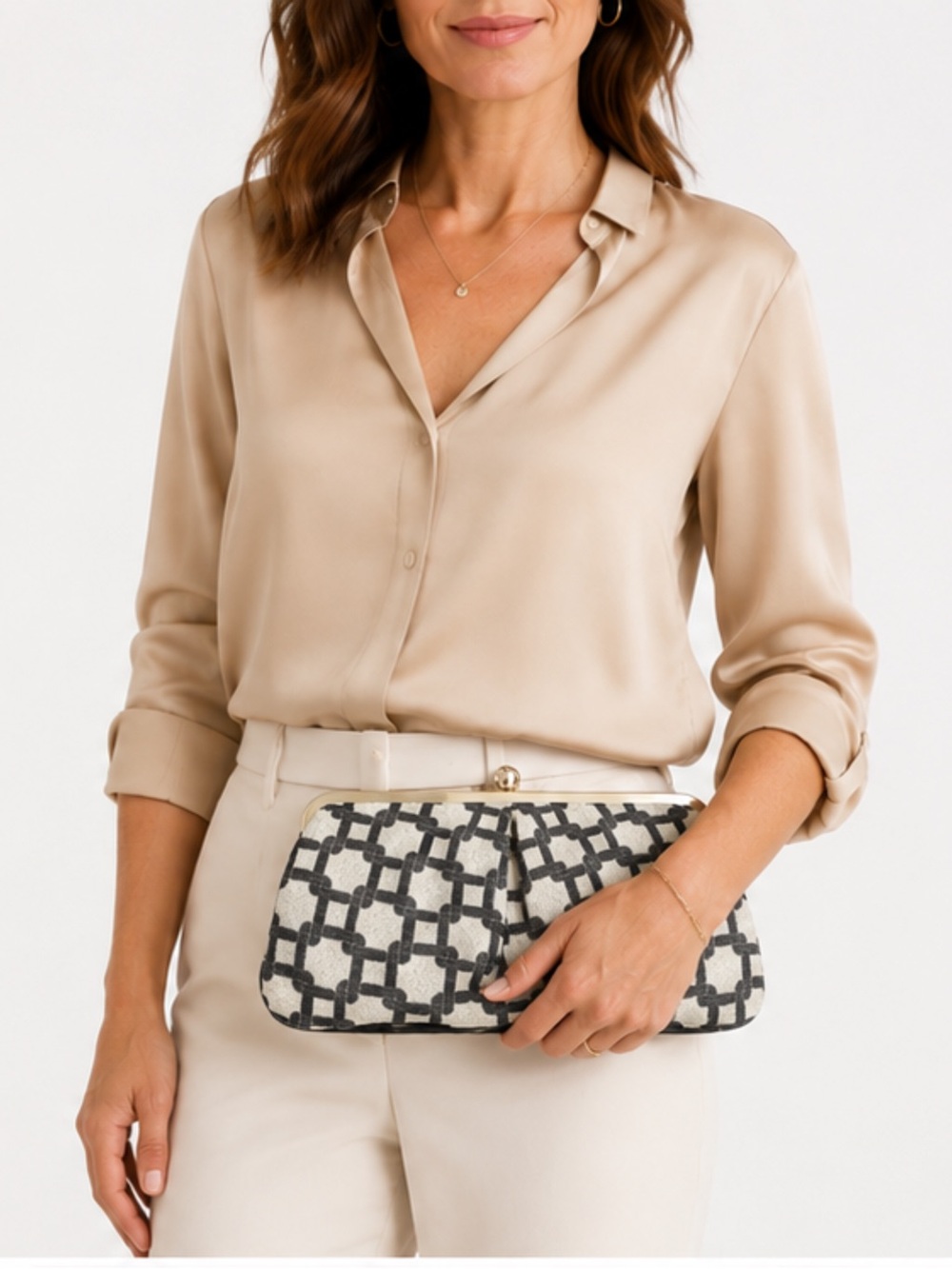 Glenda Gies Gray Tan Metallic Chenille Mosaic Kiss Lock Clutch Handbag vintage